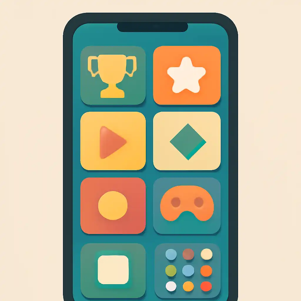 Smartphone shown from the front displaying a colourful flat layout of abstract game icons and rounded tiles (no text, no letters, no labels), Tiranga Lottery