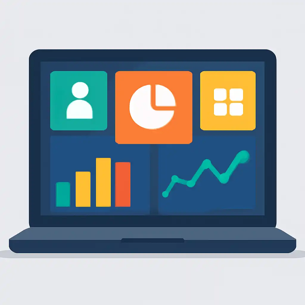 Laptop shown from the front displaying a colourful flat dashboard of abstract charts, bars and icon tiles (no text, no letters, no labels), Tiranga Lottery
