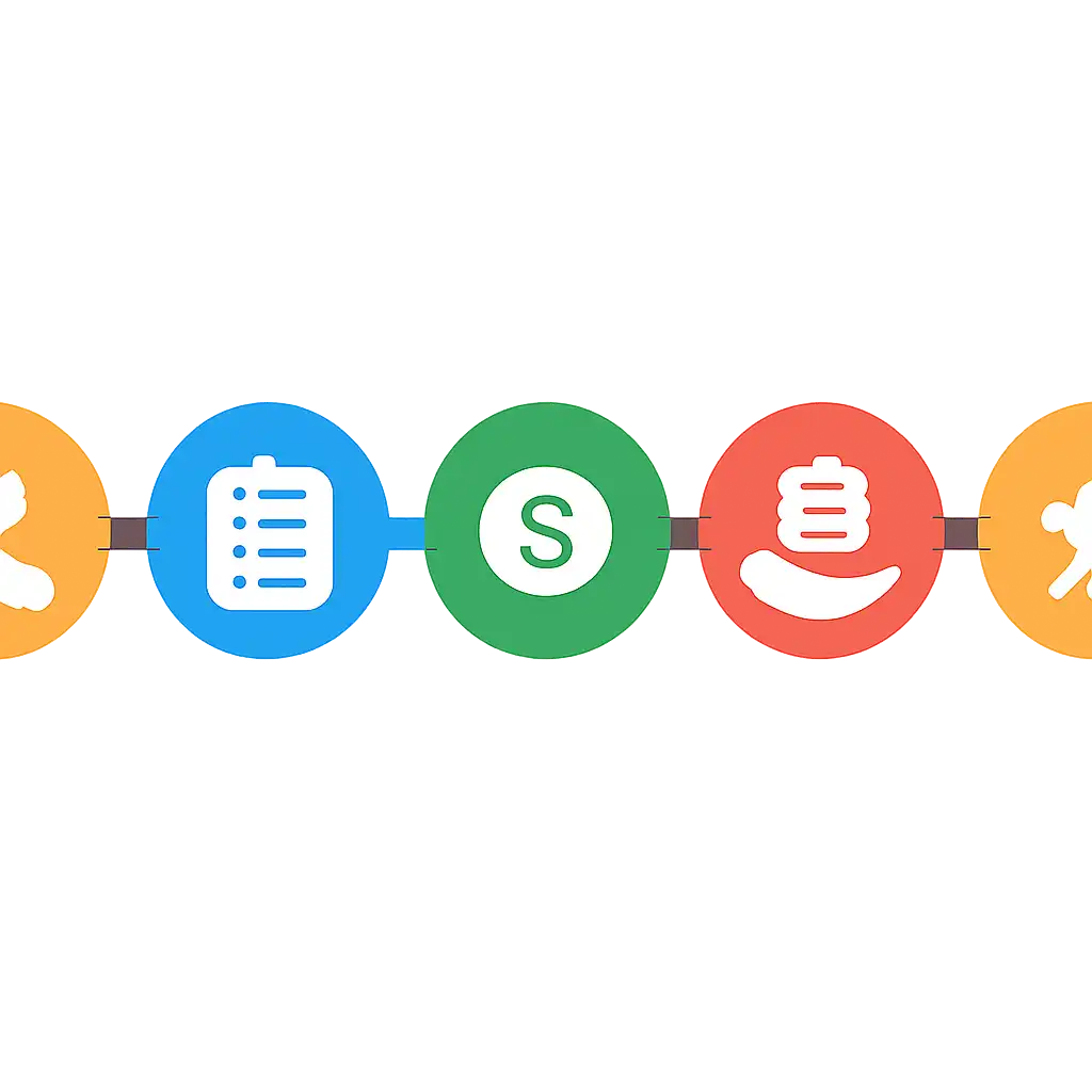 Five numbered circular icons connected by arrows in a horizontal flow, flat illustration, icons only, no words, Tiranga Lottery steps
