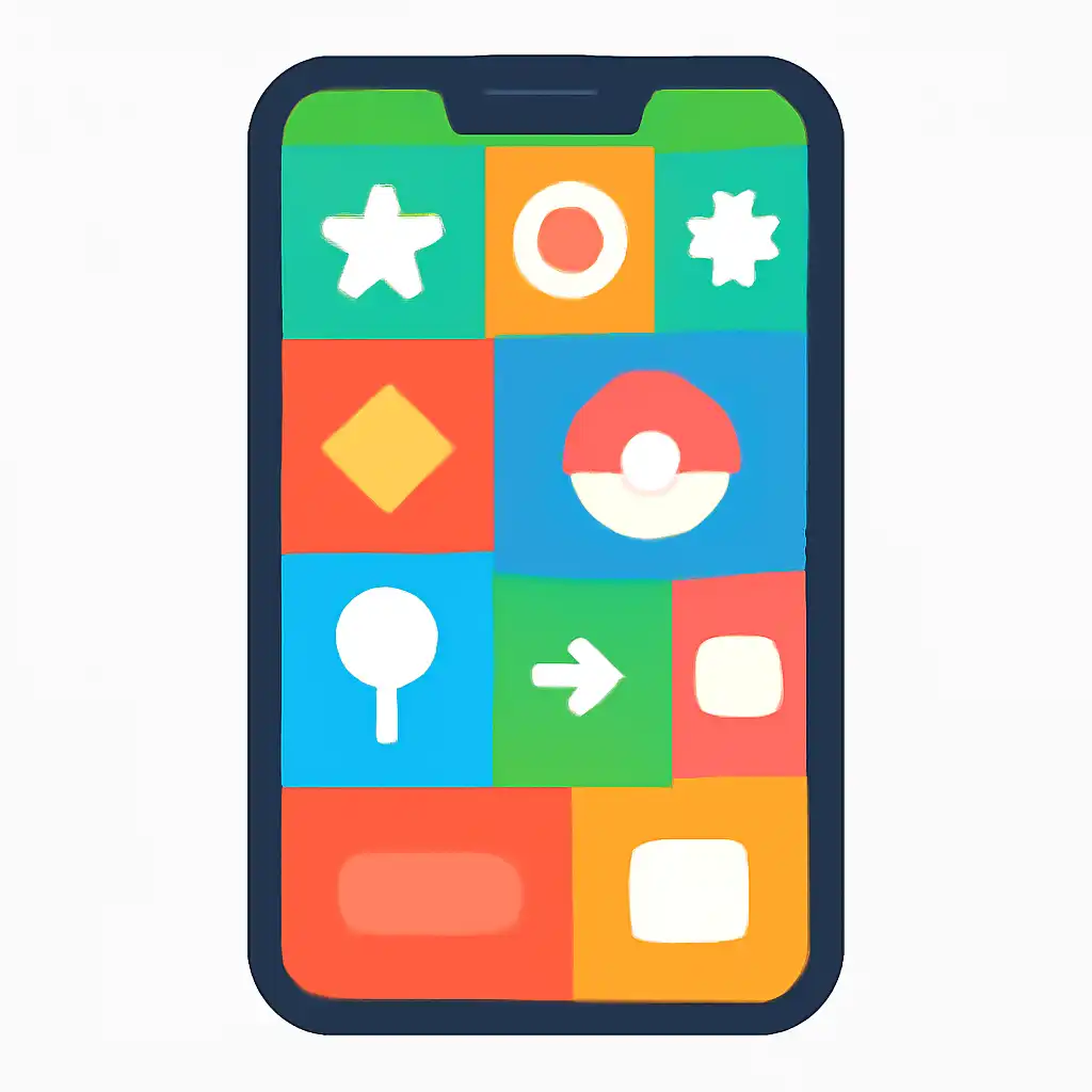 Smartphone shown from the front displaying a colourful flat layout of abstract game icons and rounded tiles (no text, no letters, no labels), Tiranga Lottery