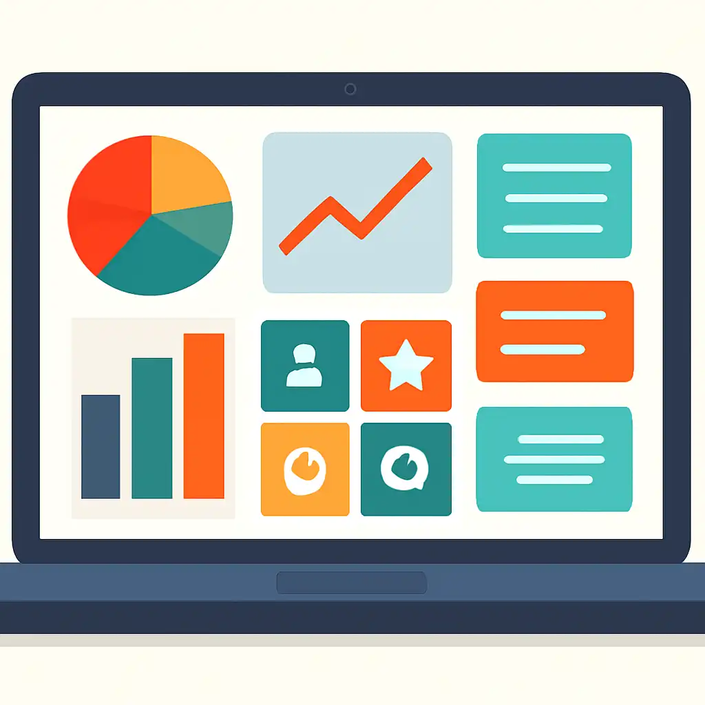 Laptop shown from the front displaying a colourful flat dashboard of abstract charts, bars and icon tiles (no text, no letters, no labels), Tiranga Lottery