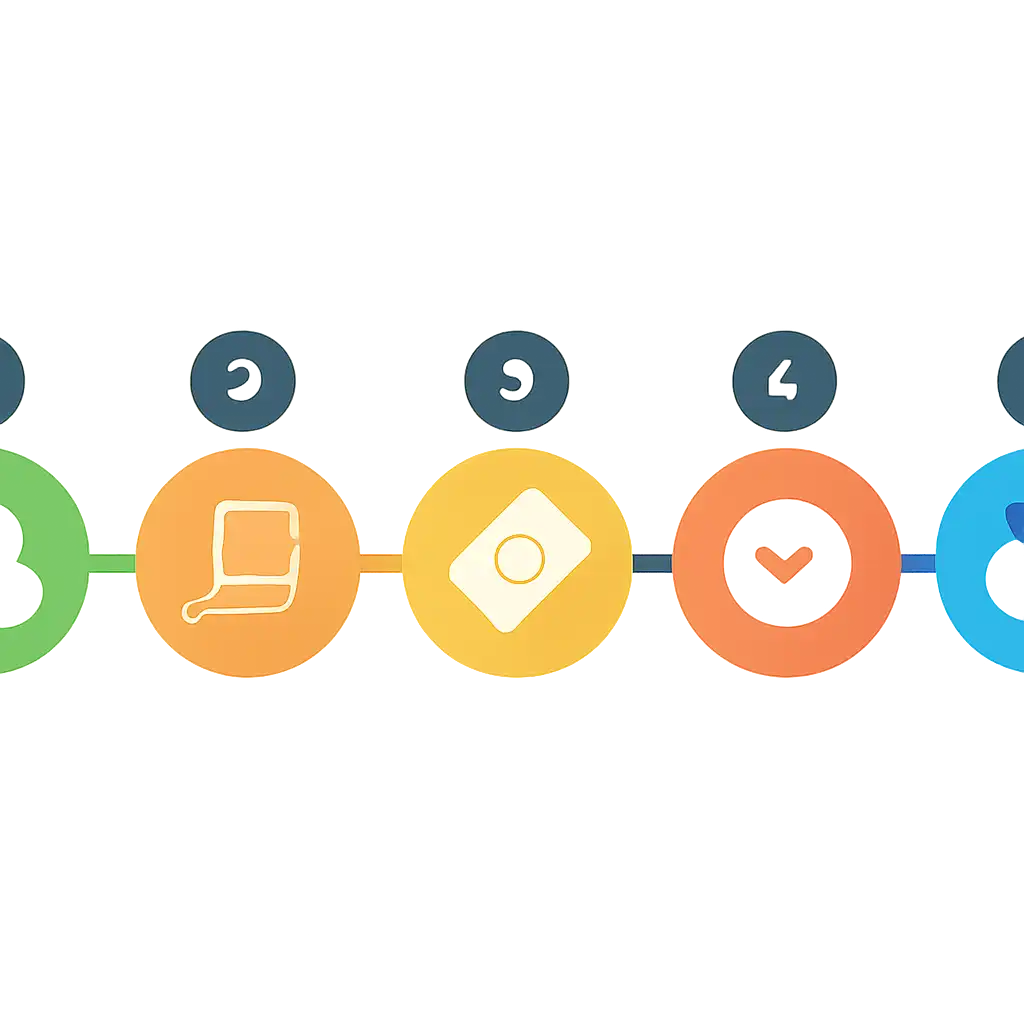 Five numbered circular icons connected by arrows in a horizontal flow, flat illustration, icons only, no words, Tiranga Lottery steps