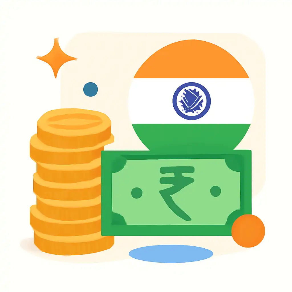 Coins stack and rupee notes: Tiranga Lottery earnings illustration